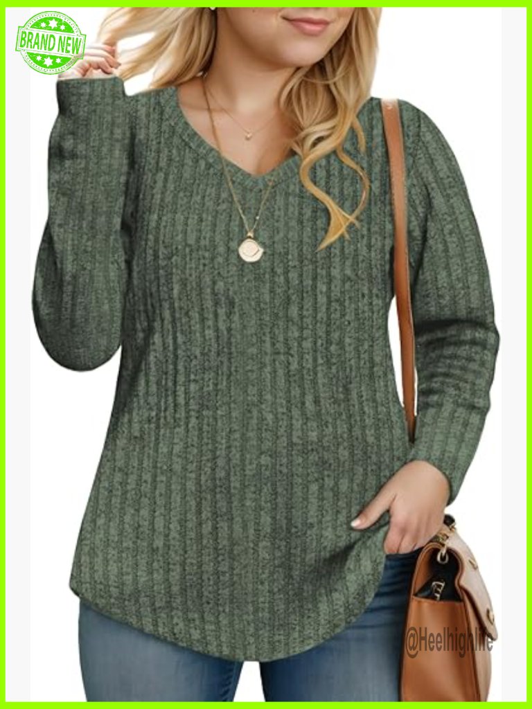 Plus Size V-Neck Long Sleeve Tunic Top Lightweight Knit Pullover